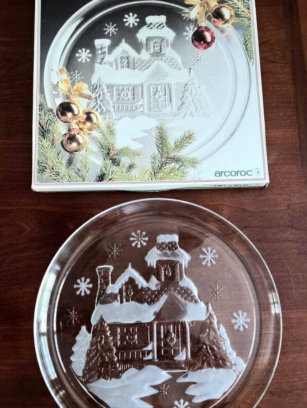 Vintage Clear Glass Holiday Plate with Snow-Covered Cottage